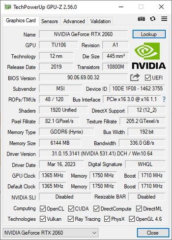 MSI GeForce RTX 2060 6 GB 1365-1710 Mhz PCIe x16 GPU