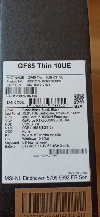 GF65 Thin 10UE RTX 3060 laptopas