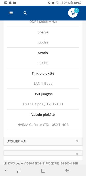 LENOVO Legion Y530-15ICH i5-830H SSD GTX1050 Ti W10256 GB 8GB 