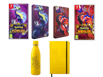 Pack Pokémon Purpura/Escarlata + Steelbooks + Botella + Cuaderno 